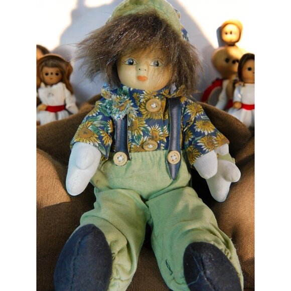 Vintage Boy & Girl Porcelain Cloth Dolls Sunflower Outfits Farmhouse Decor - Picture 3 of 9